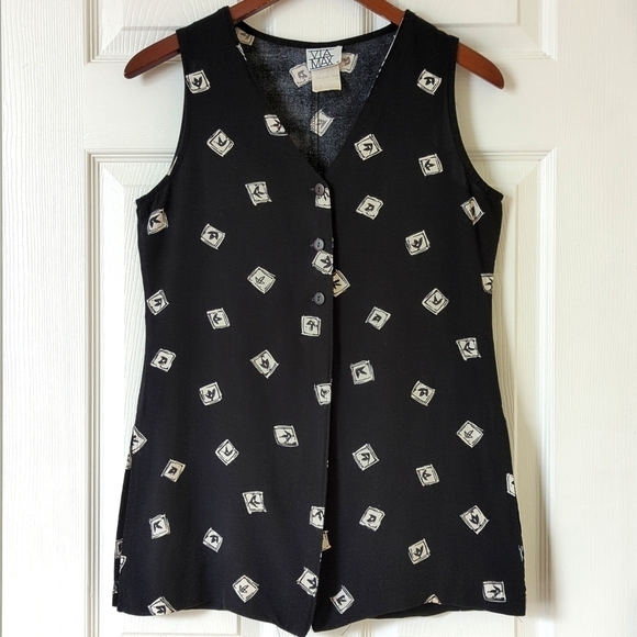 Via Max 90's Vintage Funky Lightweight Half Buttoned V-neck Tank Top Black M - Picture 1 of 10